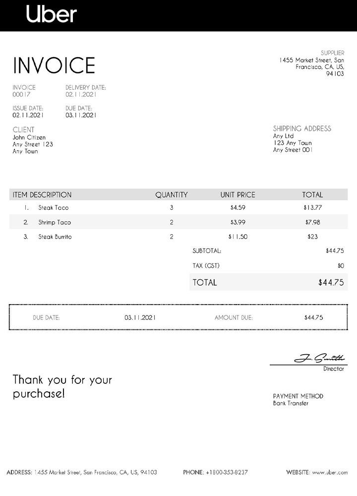 USA Uber invoice template PSD template